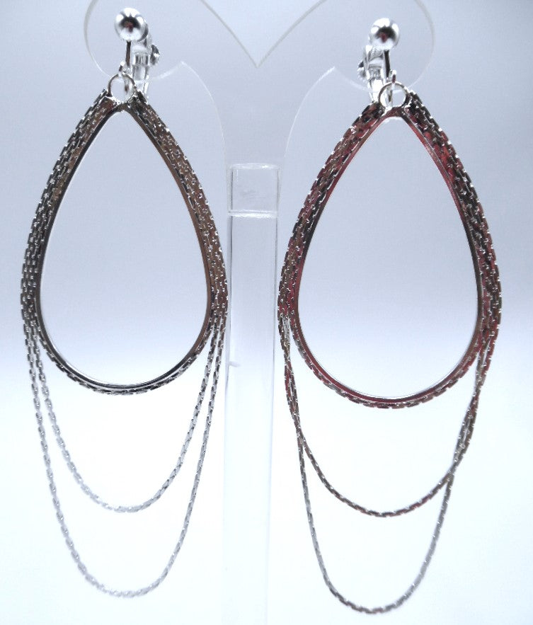 Clip on 4 1/4" shiny silver layered loop chain dangle earrings