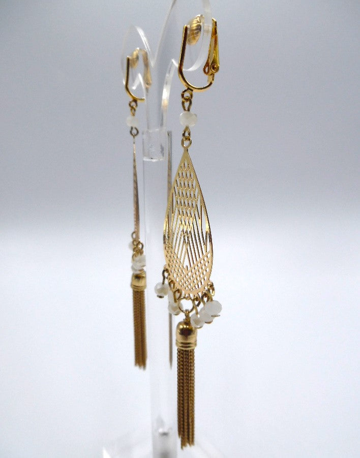 Clip on 4 3/4" gold chain cutout teardrop white bead dangle earrings