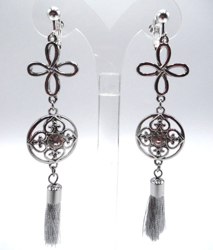 Clip on 3 3/4" silver flower and clear stone dangle earrings w/tassel