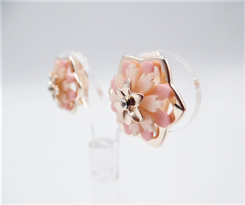 Clip on 1" rose and pink stone flower button style earrings