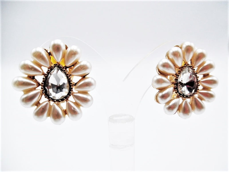 Clip on 1 1/4" gold and teardrop pearl button style earrings with clear stone