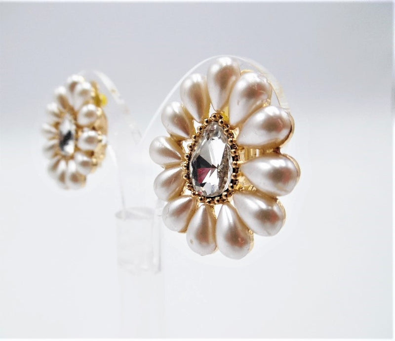 Clip on 1 1/4" gold and teardrop pearl button style earrings with clear stone