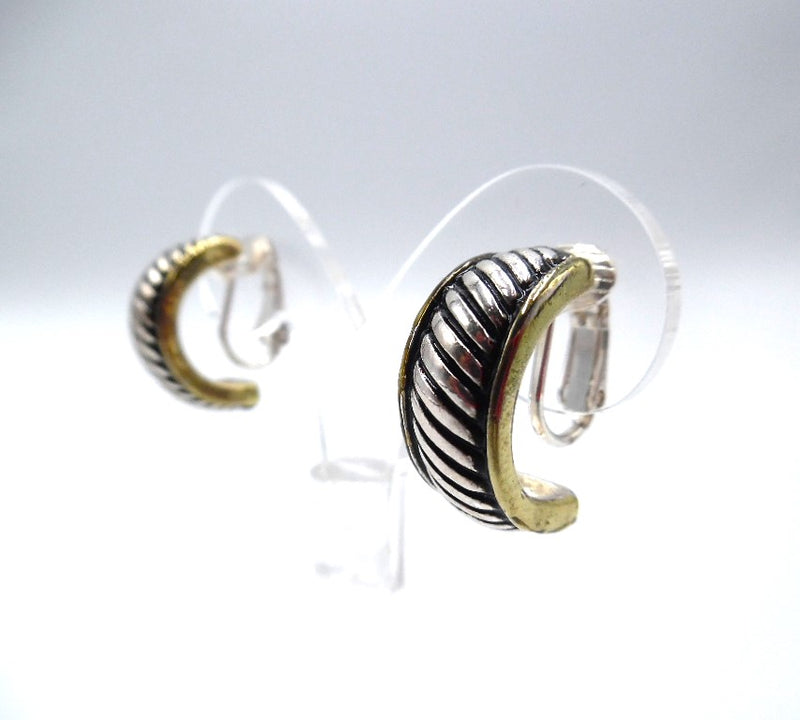 Clip on 3/4" silver and gold edge indented half hoop earrings