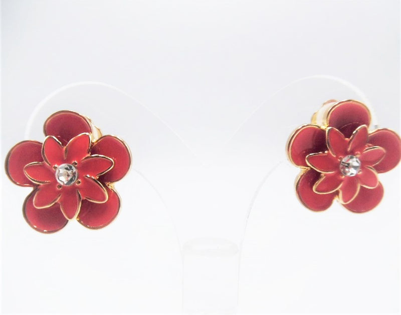 Clip on 3/4" gold and orange-pink flower button style earrings w/clear stone