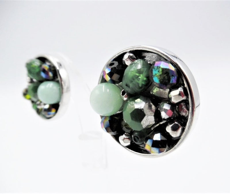 Clip on 1" silver and green multi shape stone round earrings