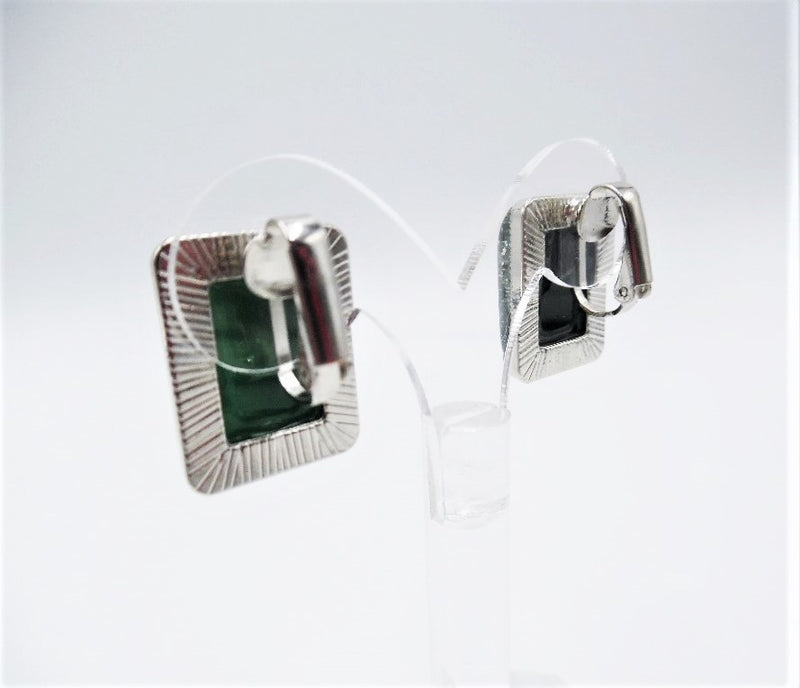 Clip on 1" silver glitter and green stone square button style earrings