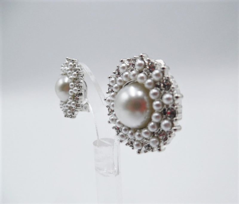 Clip on 1" silver, white pearl and clear stone button style earrings
