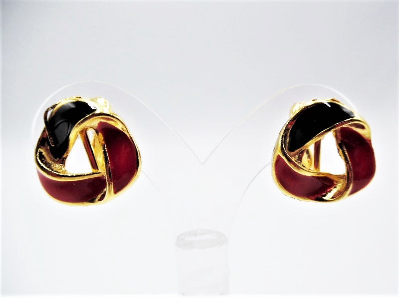 Clip on 3/4" gold, red and black open knot button style earrings