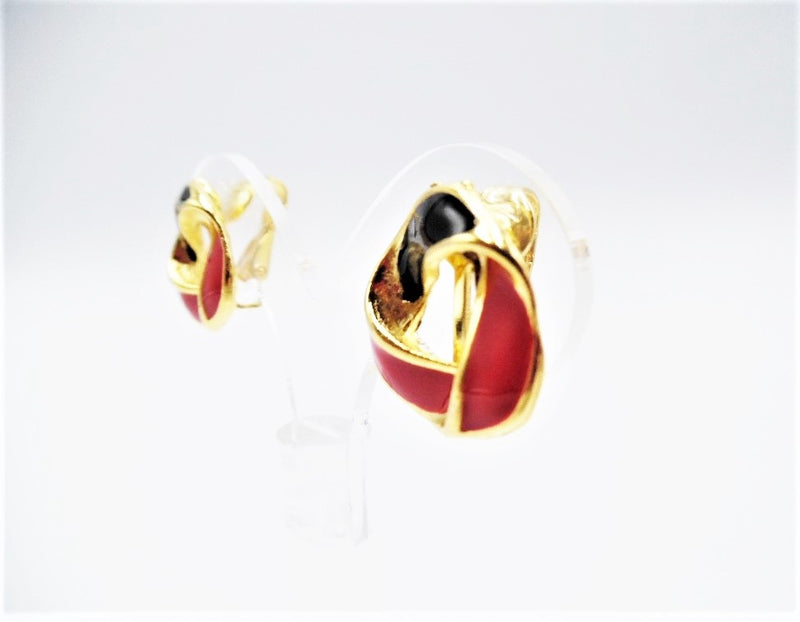 Clip on 3/4" gold, red and black open knot button style earrings