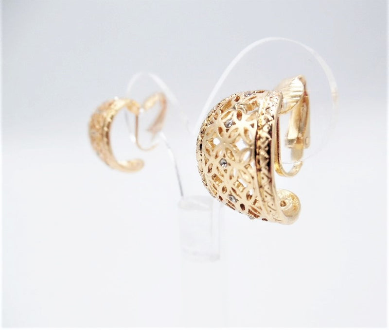 Clip on 3/4" small gold cutout wide hoop earrings with small clear stones