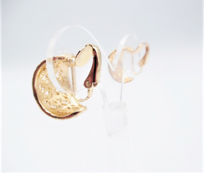 Clip on 3/4" small gold cutout wide hoop earrings with small clear stones