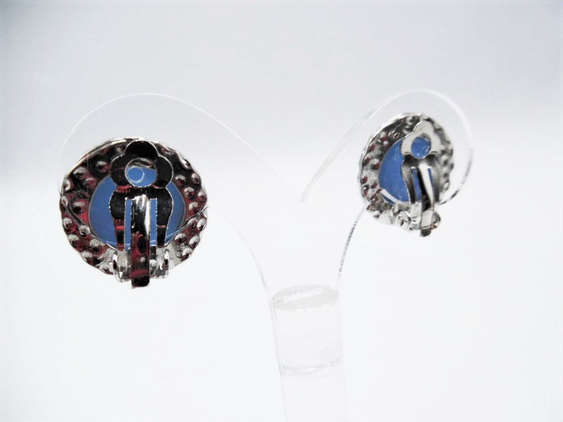 Clip on 1/2" silver and round blue stone button style earrings