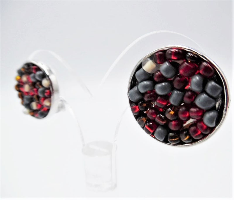 Clip on 3/4" small silver, red multi colored seed bead round earrings