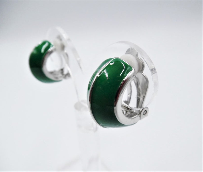 Clip on 3/4" small green and silver half hoop earrings