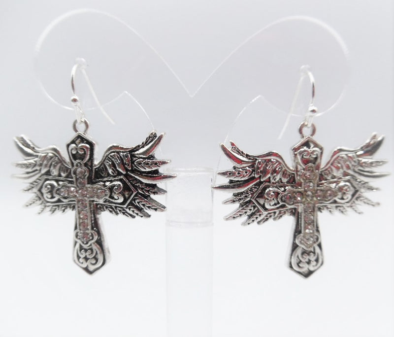 Pierced 1 3/4" silver & black wing and cross dangle earrings