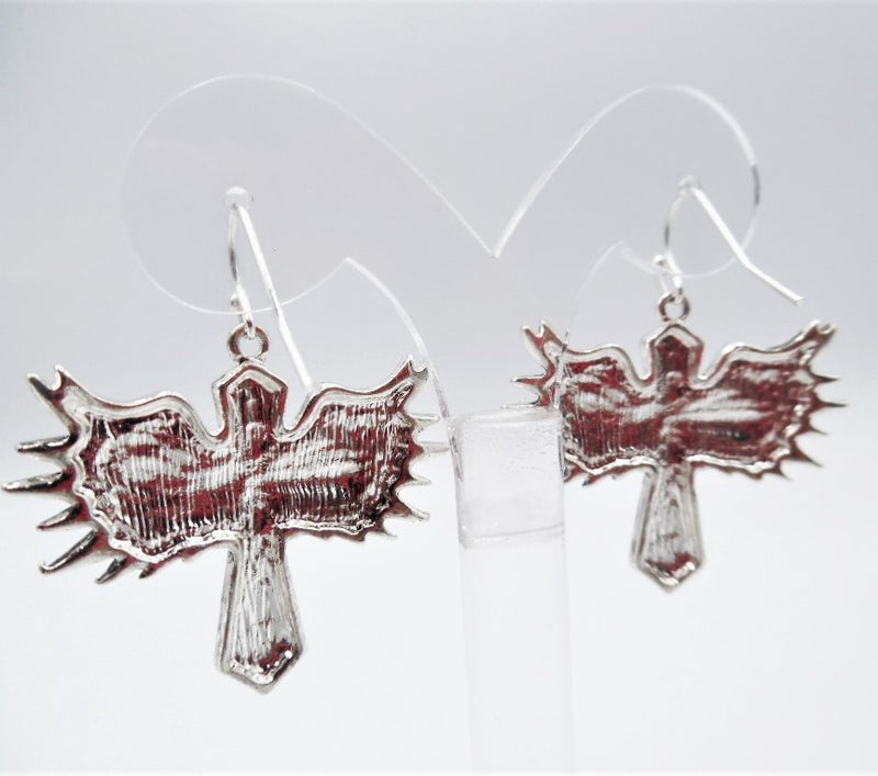 Pierced 1 3/4" silver & black wing and cross dangle earrings