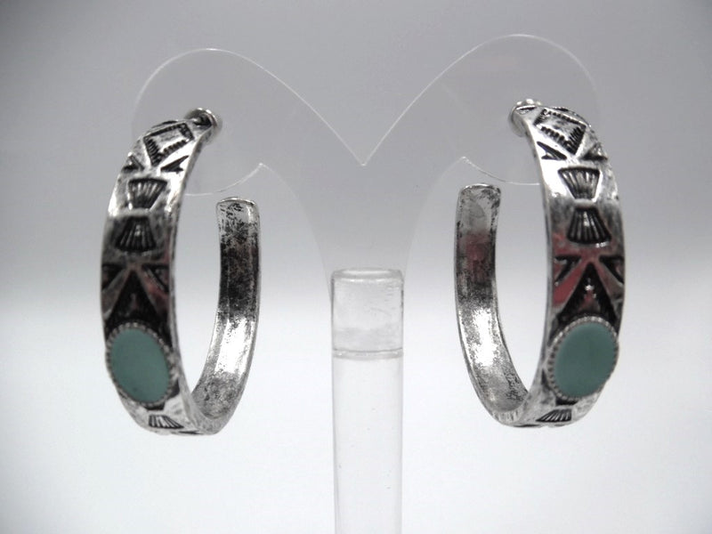 Western 1 3/4" pierced silver indented turquoise stone hoop earrings