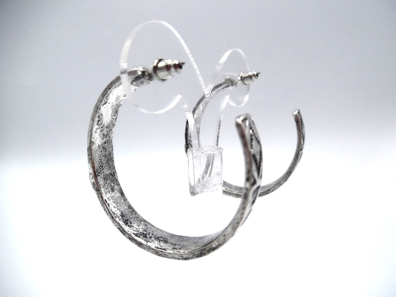 Western 1 3/4" pierced silver indented turquoise stone hoop earrings