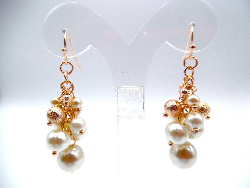 Pierced 2" rose and white pearl dangle cluster earrings