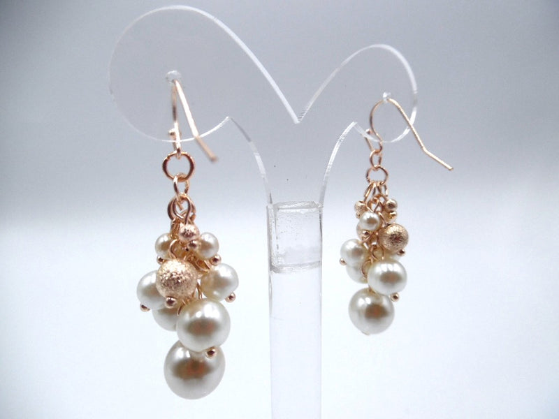 Pierced 2" rose and white pearl dangle cluster earrings