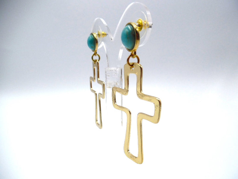 Pierced 2 1/2" gold hammered cutout cross earrings w/turquoise stone