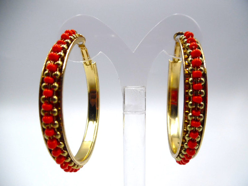 Pierced 2 1/4" gold and red seed bead edge hoop earrings