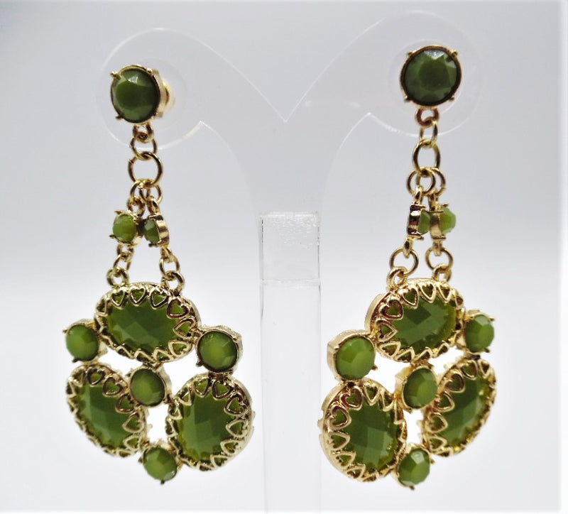 Pierced 2 3/4" gold and green stone dangle earrings