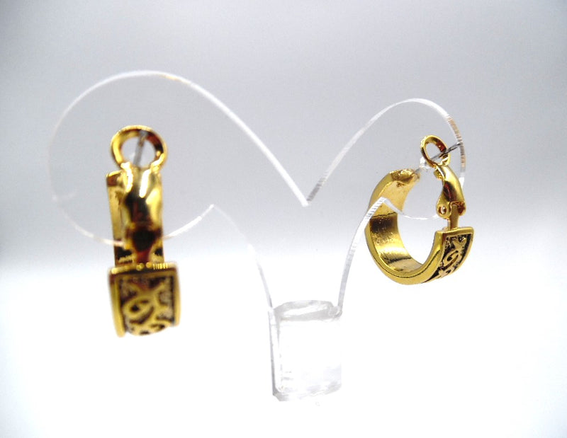 Pierced clip back 3/4" small gold flower print hoop earrings