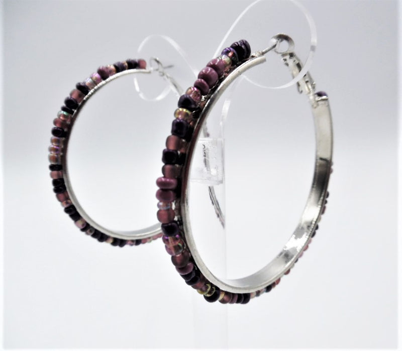 Pierced 2 1/4" silver and purple bead hoop earrings