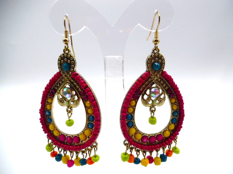 Pierced 3 1/4" gold and yellow multi colored bead earrings w/dangle beads