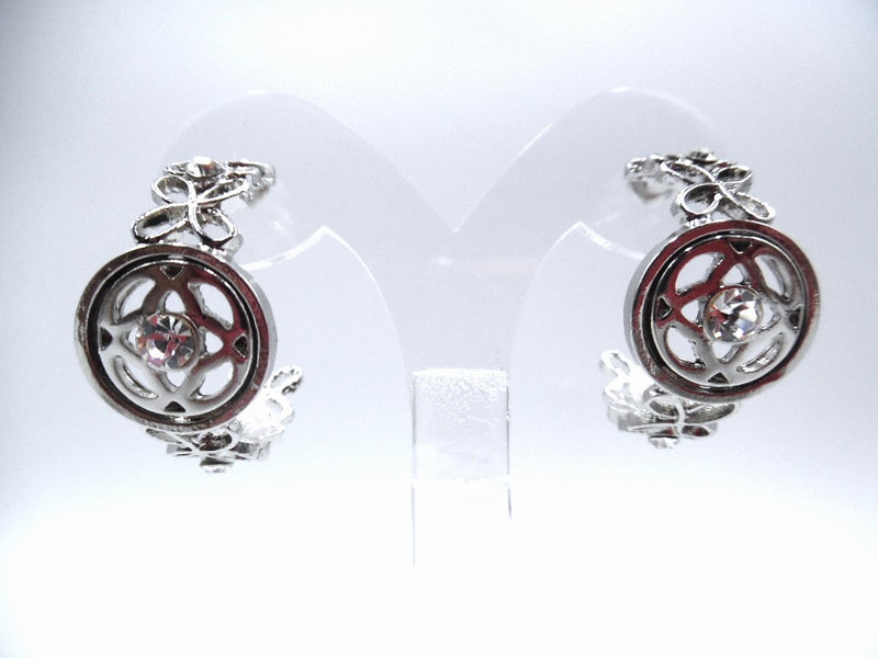 Pierced silver flower and clear stone open back hoop earrings