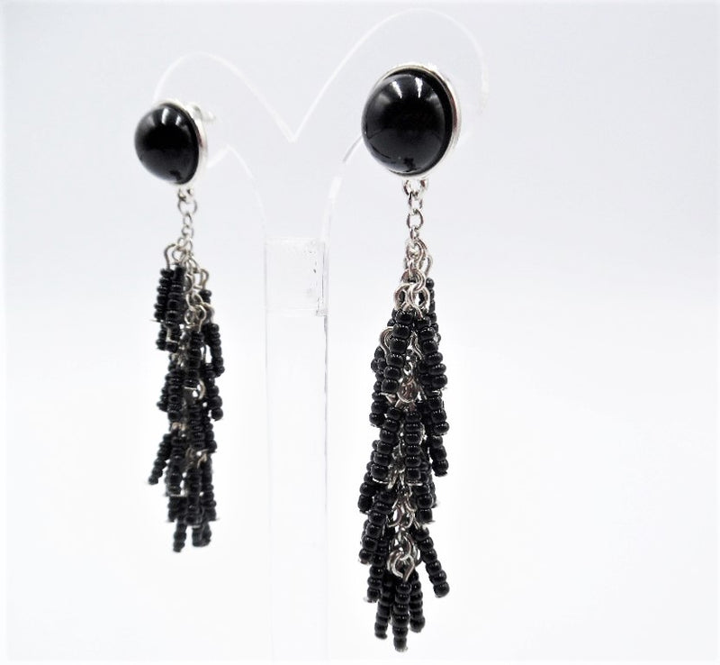 Pierced 3" long silver and black bead dangle earrings
