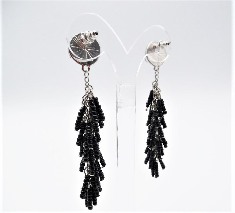 Pierced 3" long silver and black bead dangle earrings