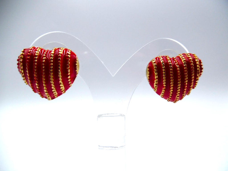 Pierced 3/4" gold and red striped button style heart earrings