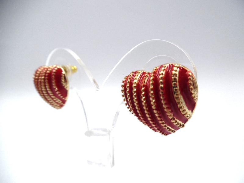 Pierced 3/4" gold and red striped button style heart earrings