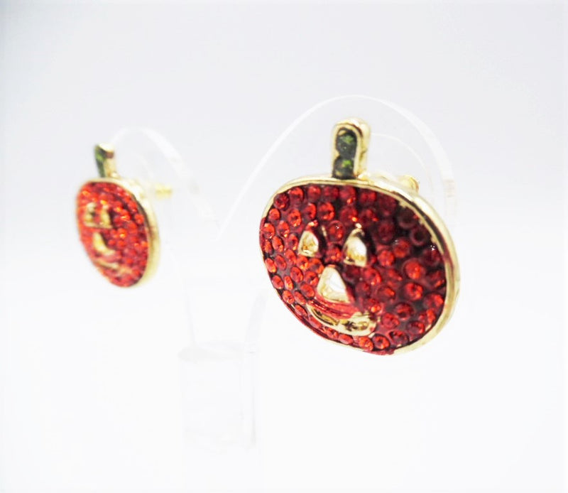 Pierced 1" gold, orange & green stone pumpkin button style earrings