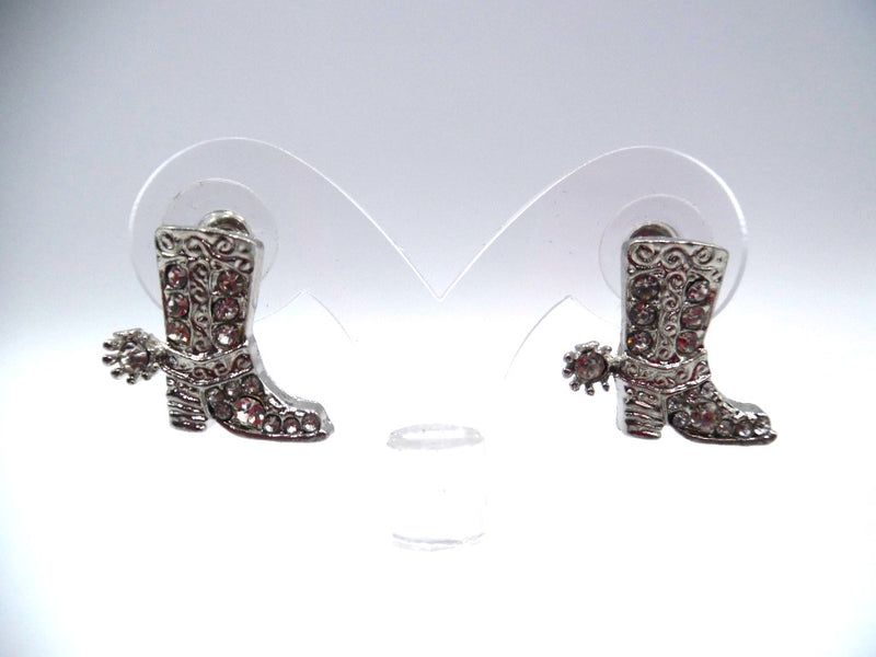 Western 1 1/4" pierced silver, black, and white clear stone dangle boot earrings