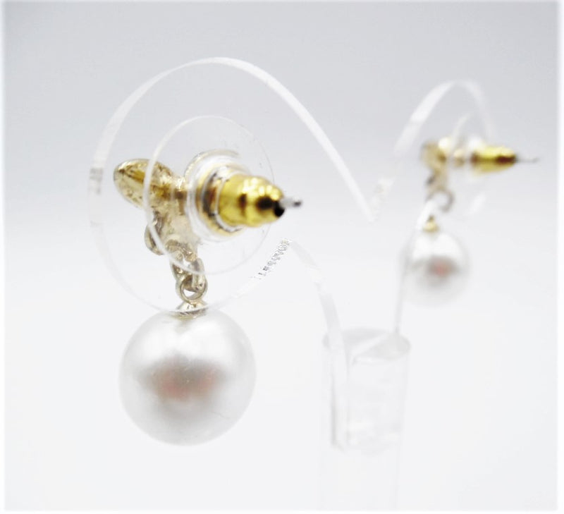 Pierced 1" silver or gold clear stone white pearl butterfly earrings
