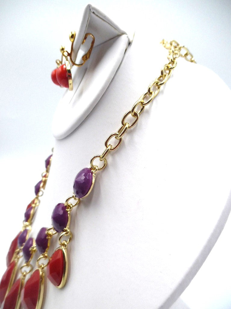 Clip on gold chain orange and purple stone necklace and earring set