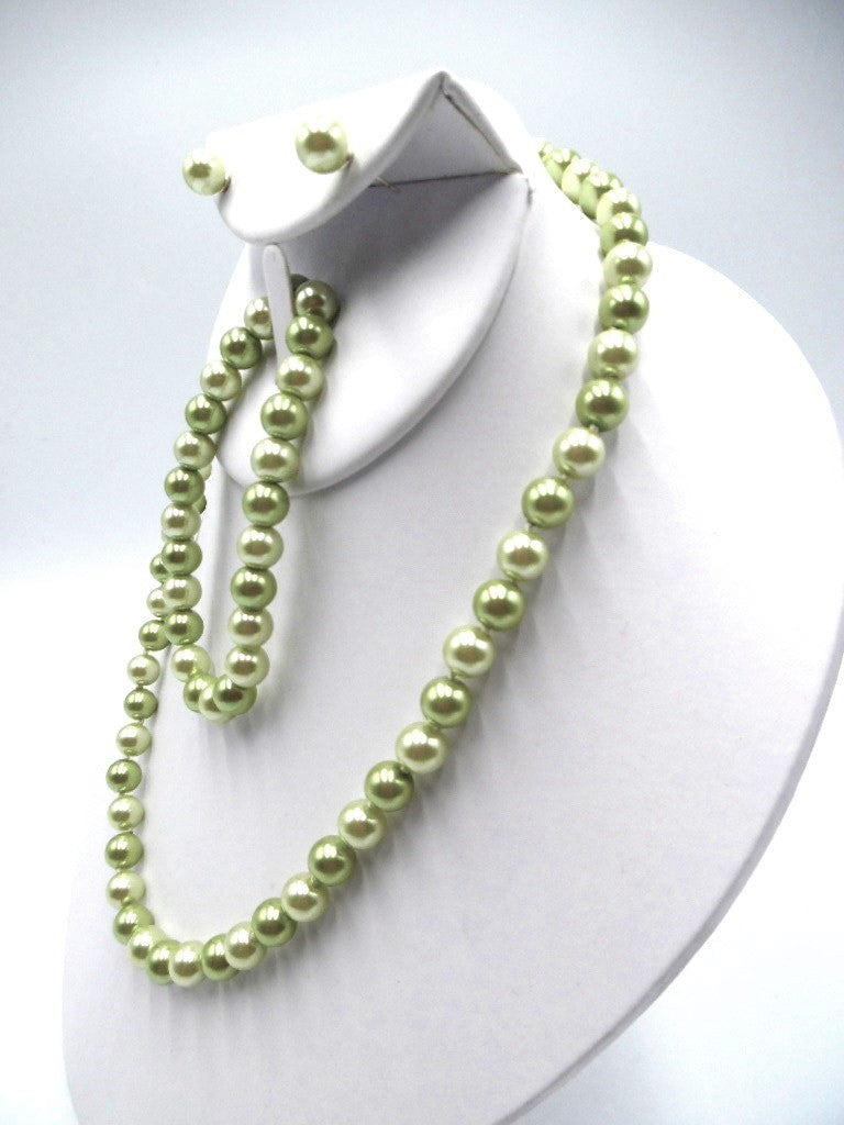 3pc pierced silver and green pearl necklace and earring set
