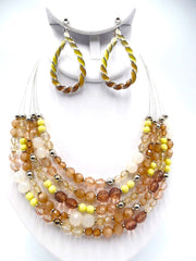 Clip on silver wire brown multi strand bead necklace set