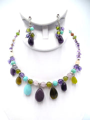 Clip on adjustable silver wire, purple, turquoise, green bead necklace set