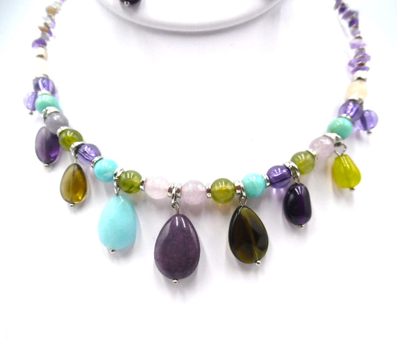 Clip on adjustable silver wire, purple, turquoise, green bead necklace set