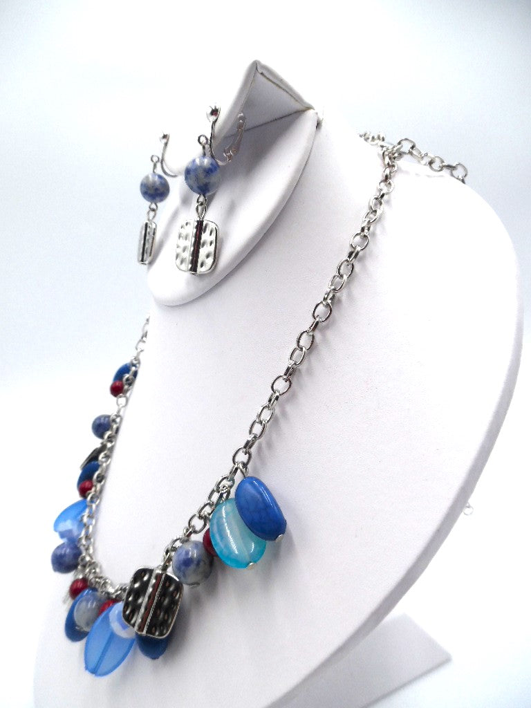 Clip on silver chain, blue, and red bead necklace and earring set