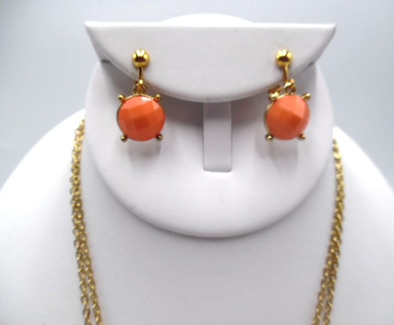 Clip on gold chain orange square cut stone necklace and earring set
