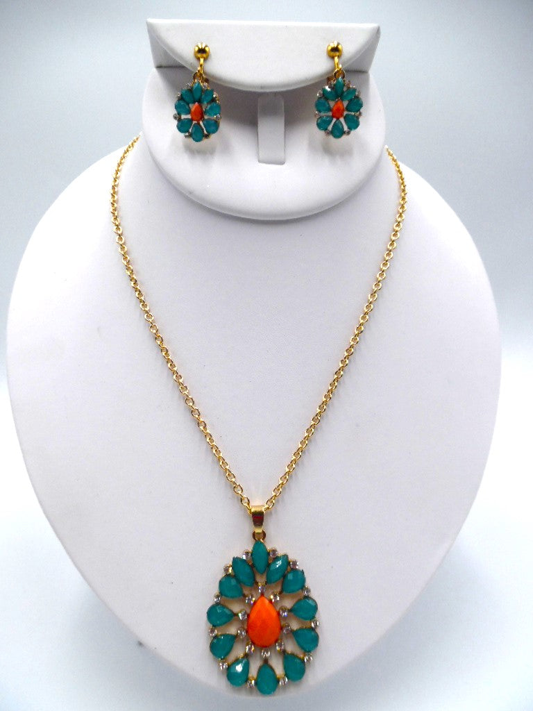 Clip on gold chain necklace set w/turquoise & orange stone pendant