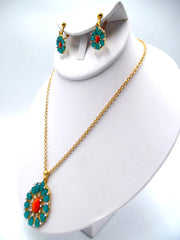 Clip on gold chain necklace set w/turquoise & orange stone pendant