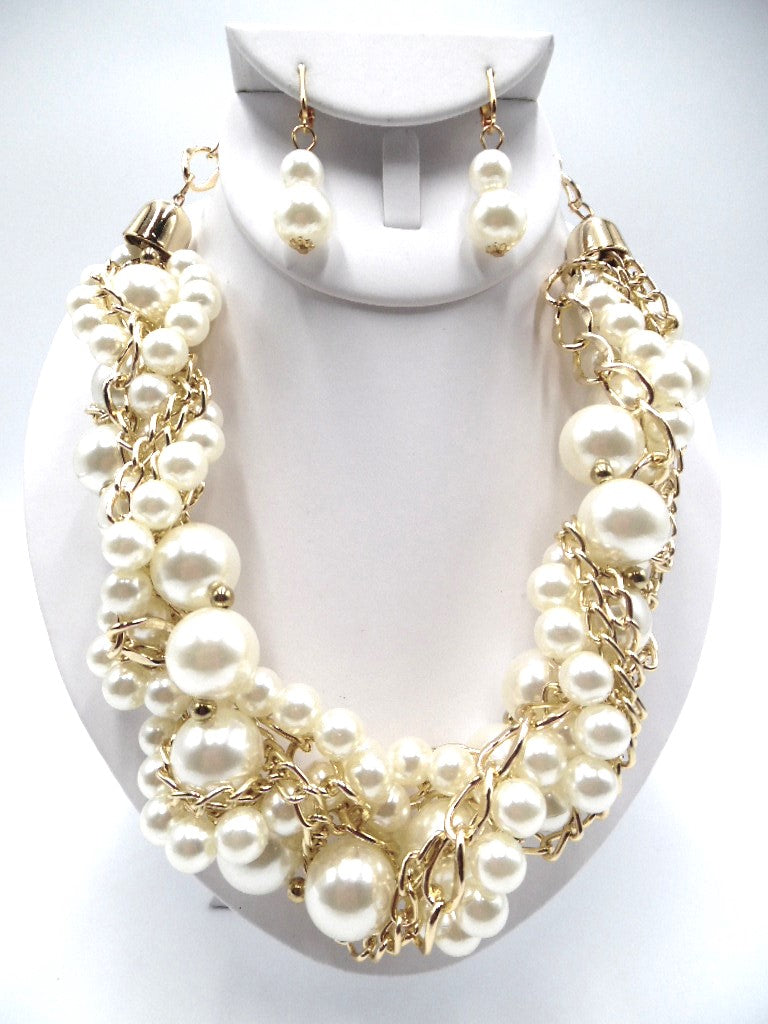 Clip on braided gold chain and pearl necklace and earring set