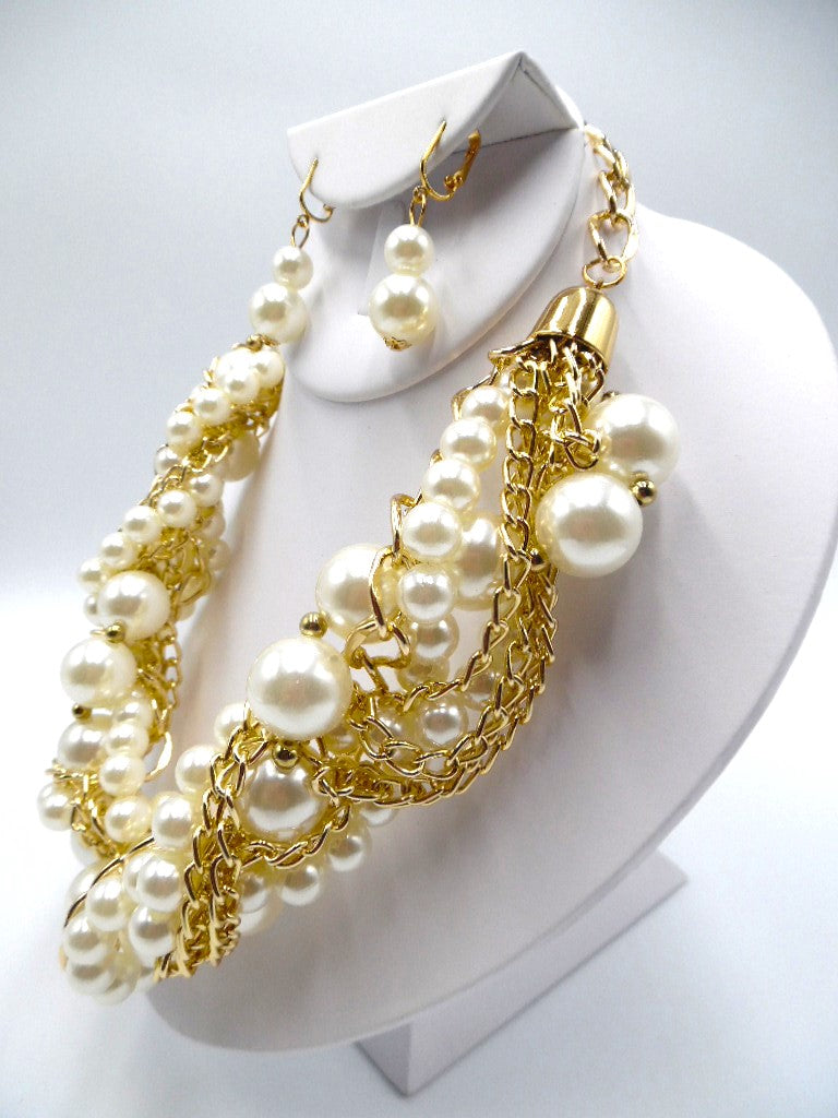 Clip on braided gold chain and pearl necklace and earring set