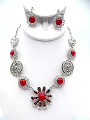 Clip on silver and red stone cutout flower design necklace & earring set